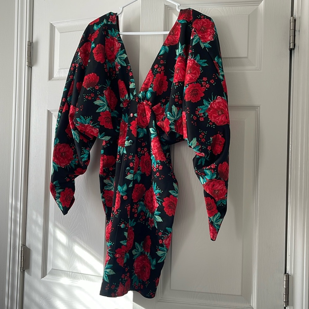 ASOS black and red rose mini dress.